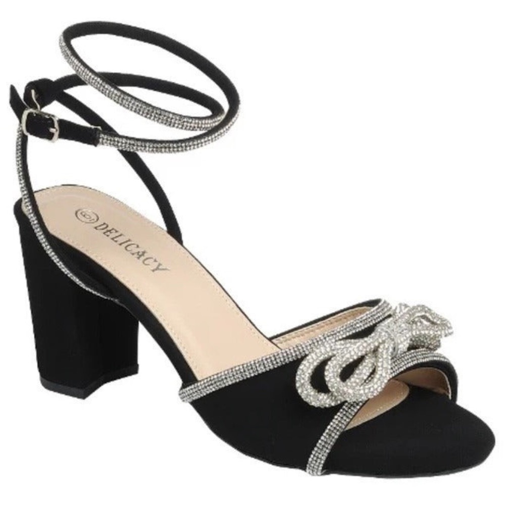 Rhinestone Embellished Bow Lace-Up Block Heels - Delicacy